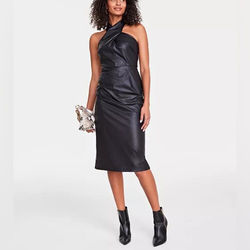 NWT Rachel Roy Black Faux-Leather Halter Midi Dress